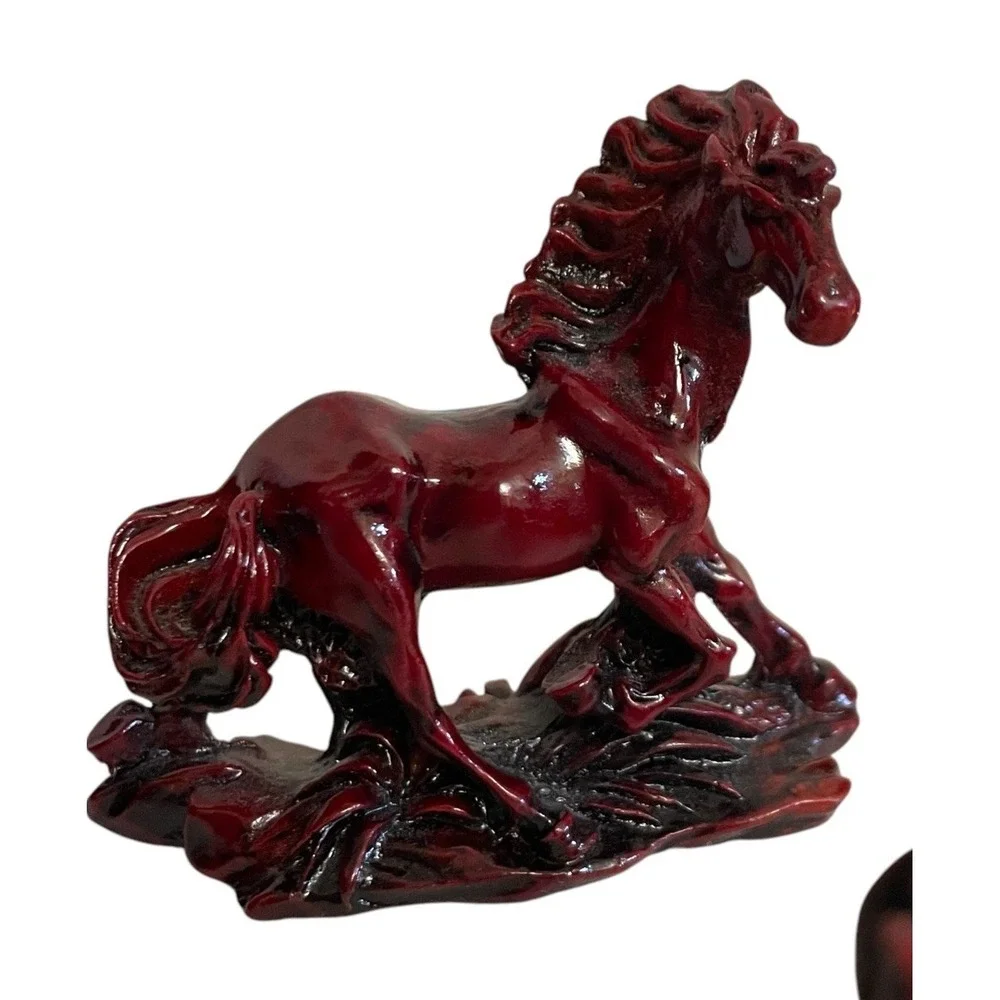VTG Galloping Horse Figurine Set Home Decor Small Burgundy Red Cinnabar Style
